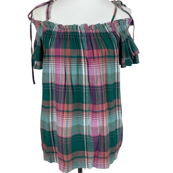 🥑5/$25 Ann Taylor LOFT Small S Green Pink Plaid Off The‎ Shoulder Top Blouse - Picture 2 of 7